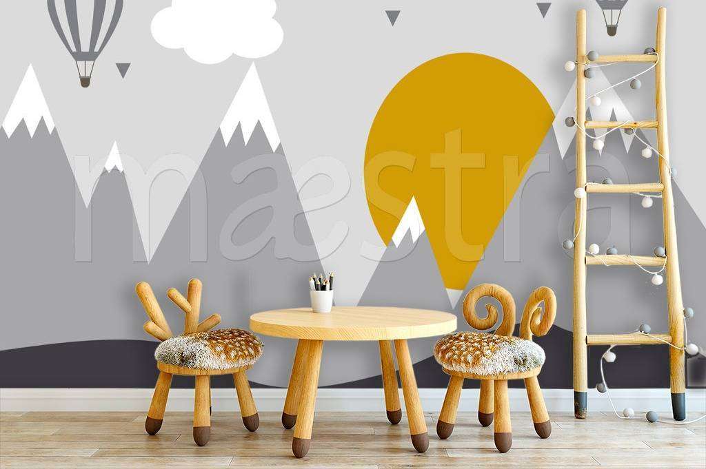 Фотообои в интерьере горы с оранжевым солнцем  12-442 фото