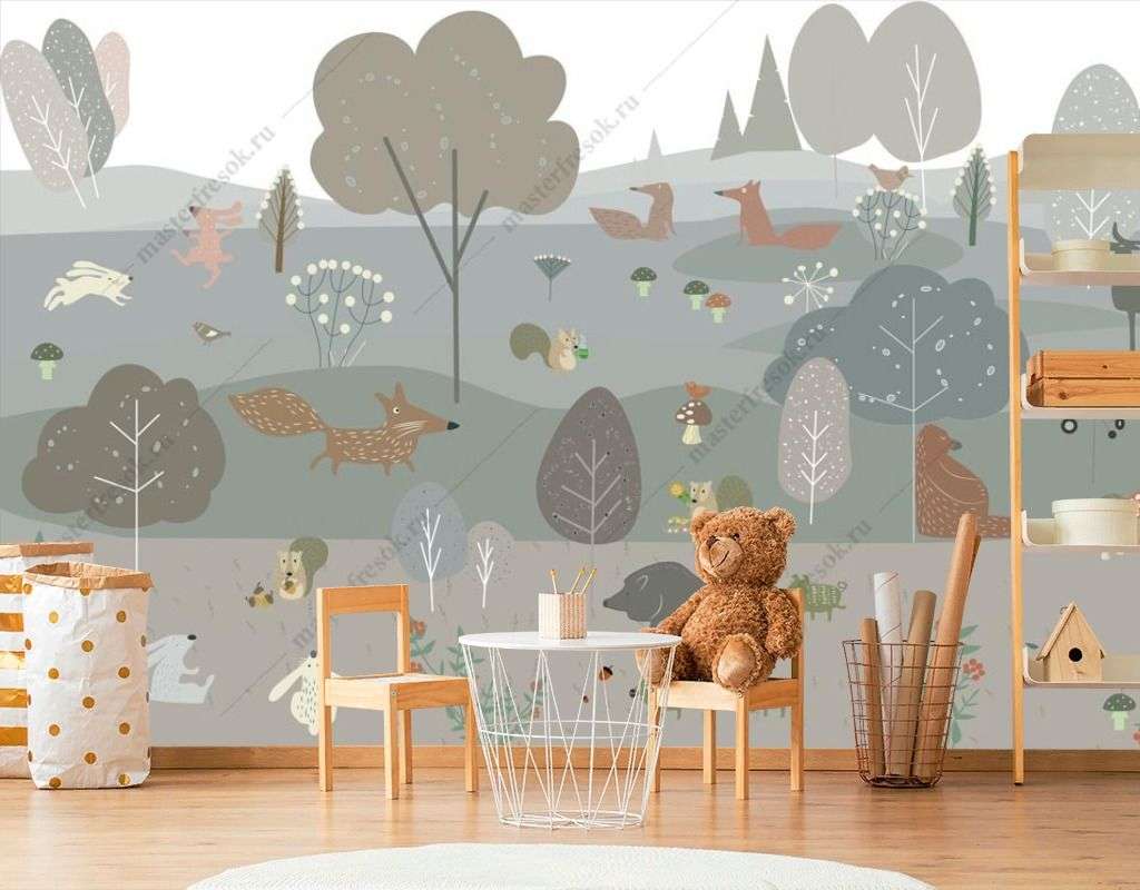 Фотообои в интерьере полянка с животными рисунок  12-1512 фото