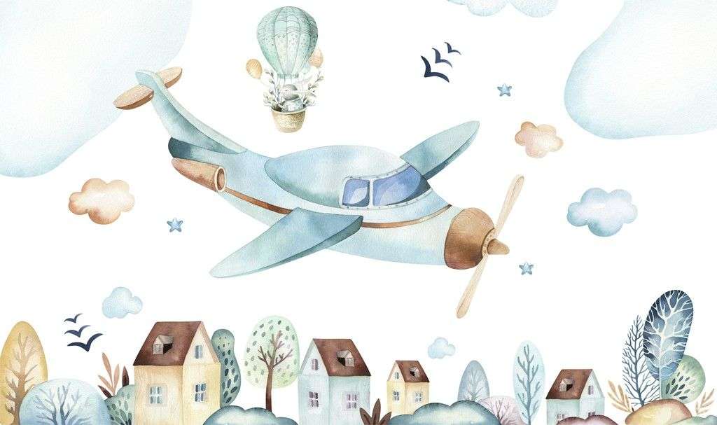 Фотообои в интерьере самолетик над городом  14-506 фото