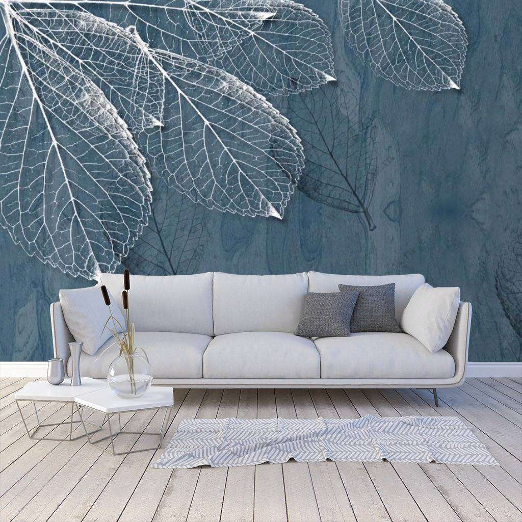 Фотообои в интерьере золотые листья на синем фоне  10-841 фото