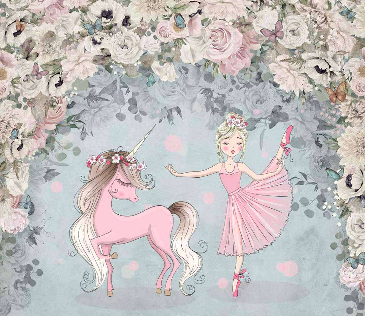 Фотообои в интерьере балерина с единорогом в цветах на голубом фоне  12-342 фото