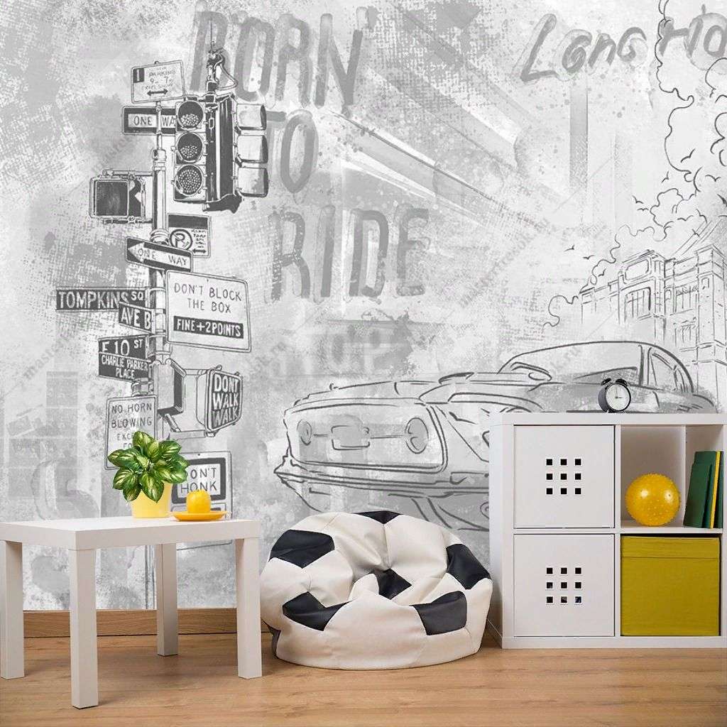 Фотообои в интерьере граффити машина ч/б  12-1568 фото