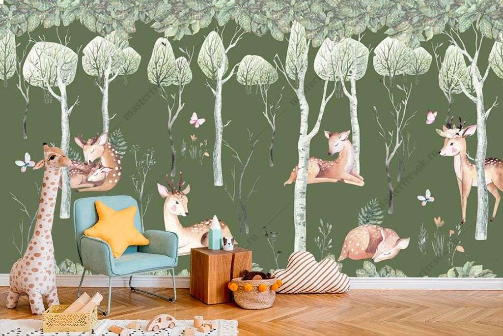 Фотообои в интерьере зеленый лес в детскую  12-1295 фото