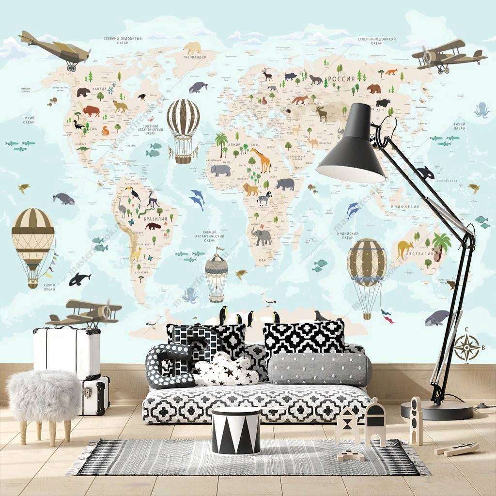 Фотообои в интерьере карта мира в нежно голубом цвете  12-1188 фото