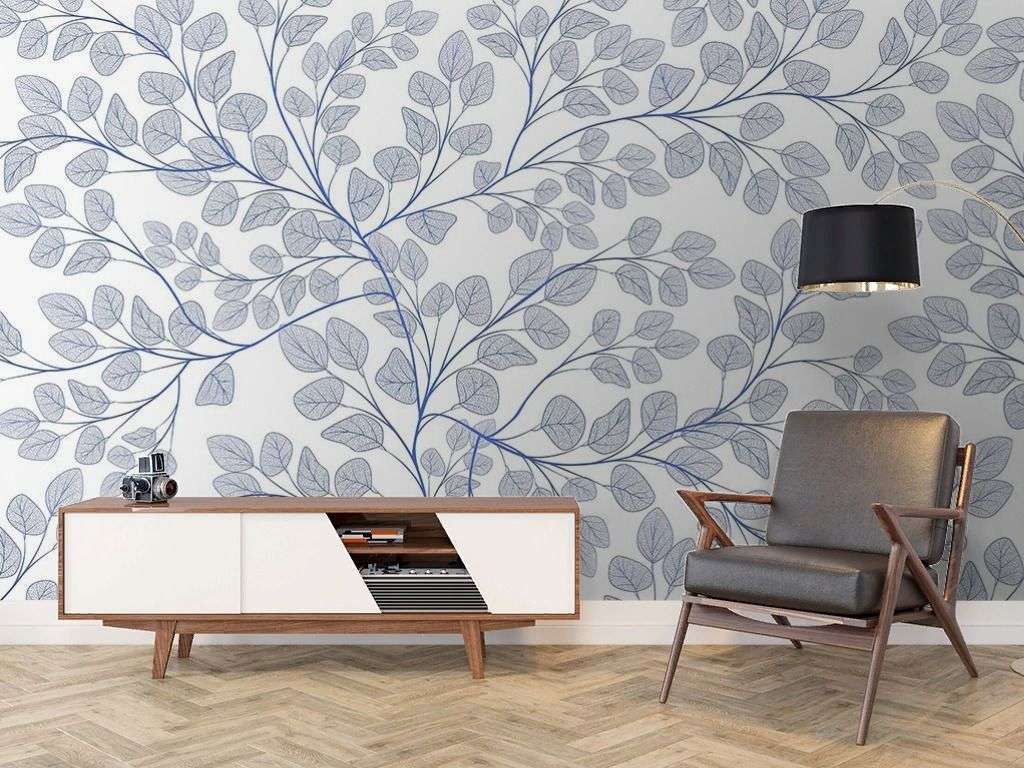Фотообои в интерьере в спальню листочки голубые на белом фоне  9-1983 фото