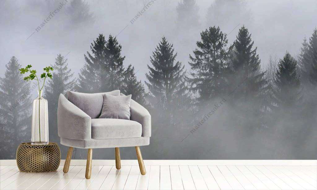 Фотообои в интерьере туманное утро в лесу  9-1165 фото