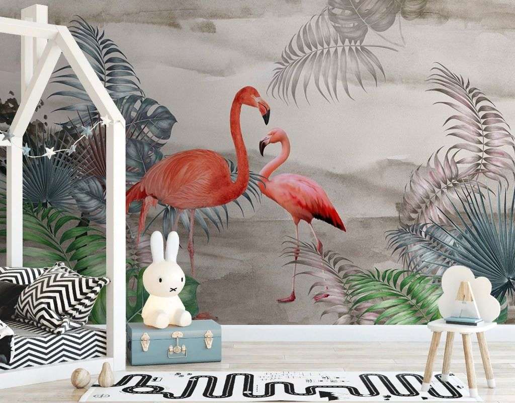 Фотообои в интерьере фламинго в папоротниках  9-2038 фото