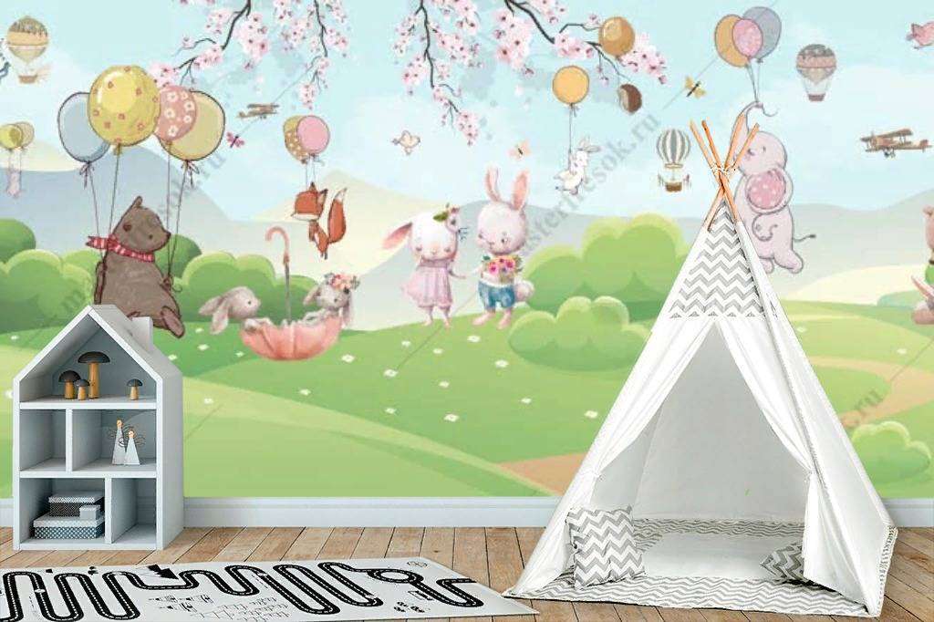 Фотообои в интерьере зверята с шарами на поляне  12-1208 фото