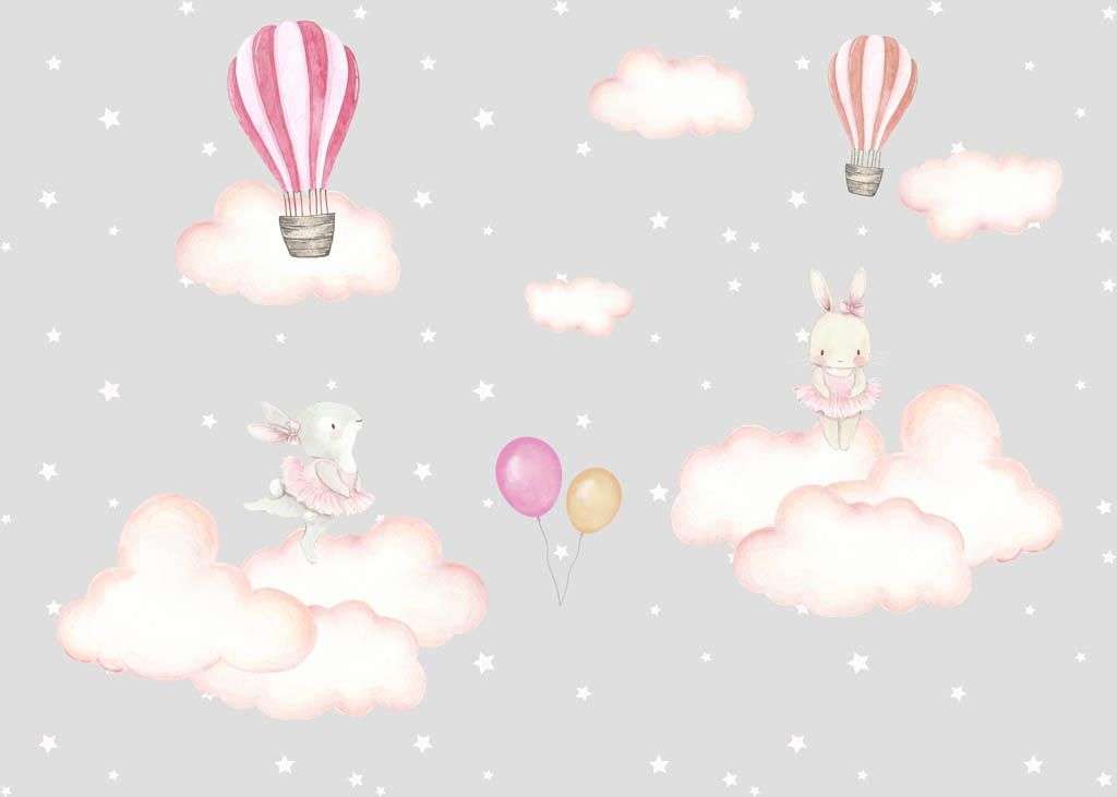 Фотообои в интерьере зайчики на воздушных облаках  12-1193 фото
