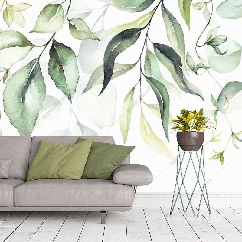 Фотообои в интерьере акварельные листья    9-1894 фото