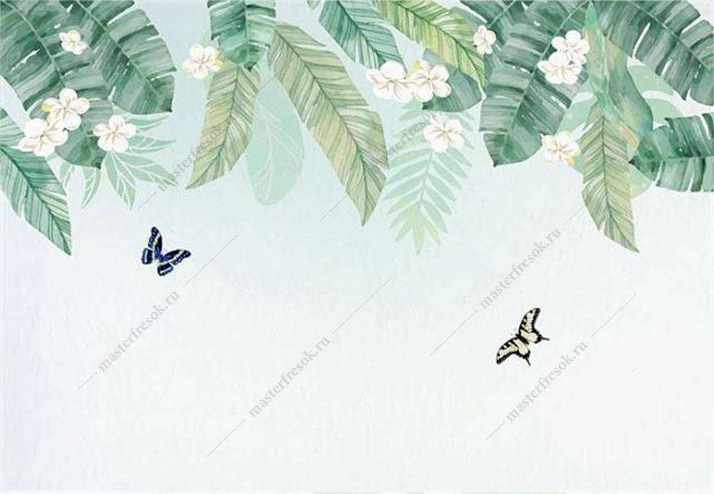 Фотообои в интерьере бабочки в тропических листьях  16-175 фото