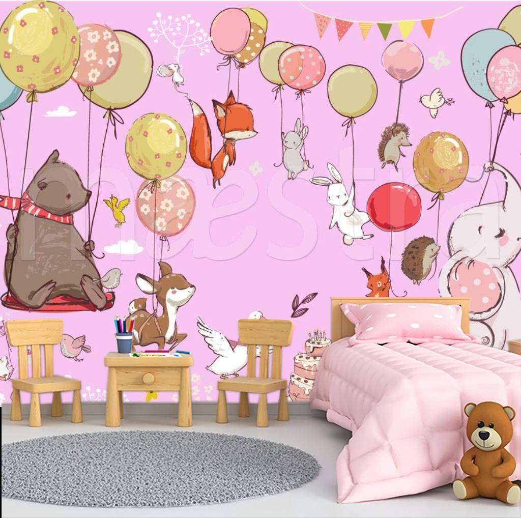 Фотообои в интерьере звери на шарах летят на розовом фоне  12-340 фото