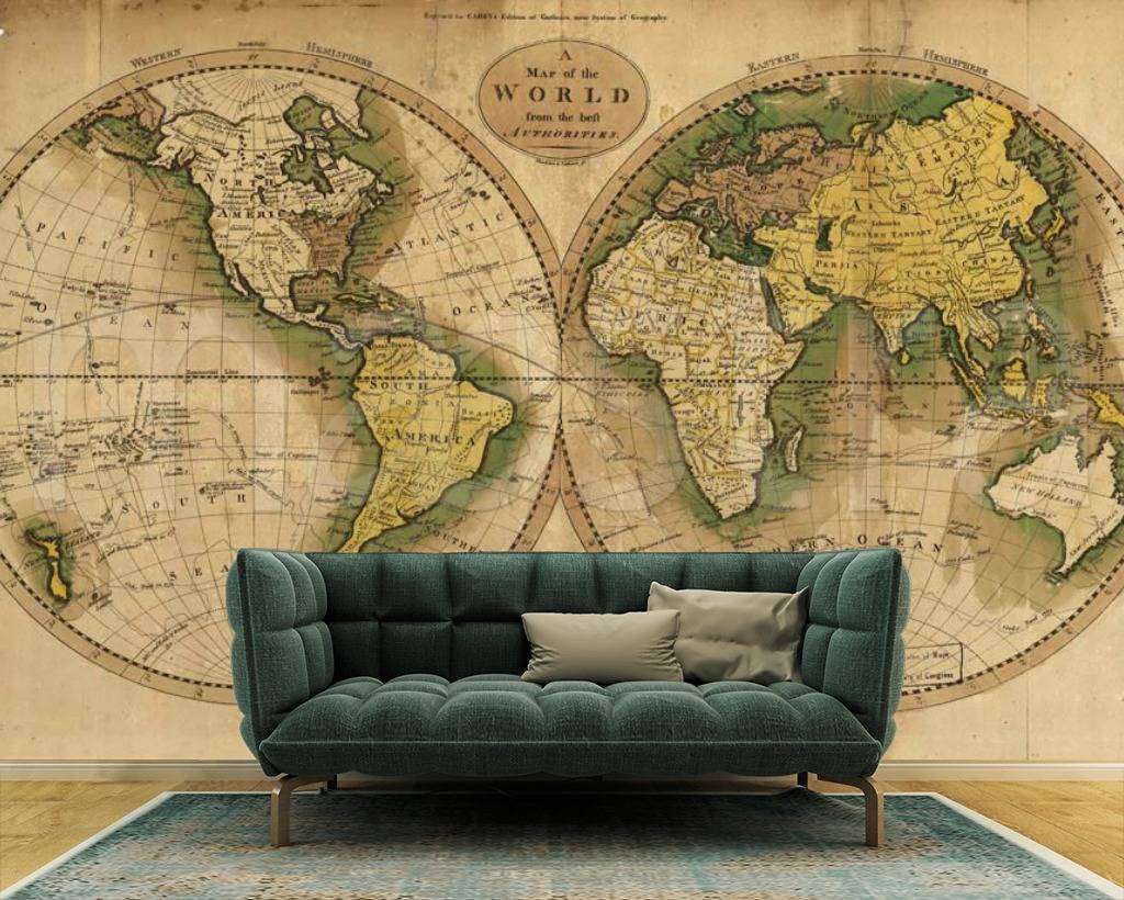 Фотообои в интерьере старинная политическая карта мира в бежевых тонах  1-094 фото