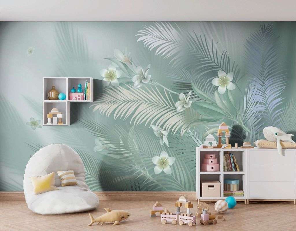 Фотообои в интерьере в гостиную нежные веточки с цветами   13-678 фото