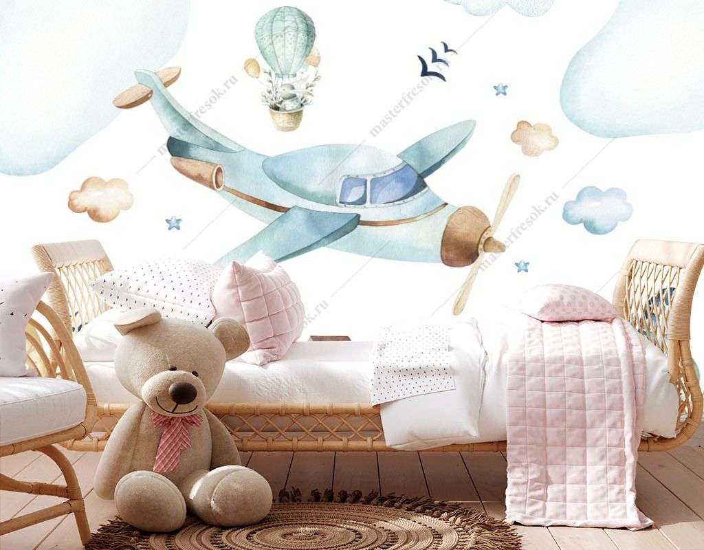 Фотообои в интерьере самолетик над городом  14-506 фото