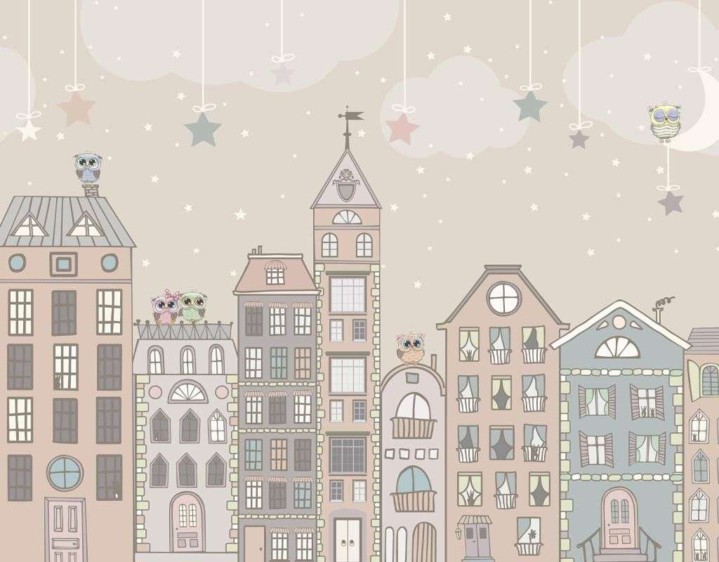 Фотообои в интерьере городок на бежевом фоне  14-533 фото