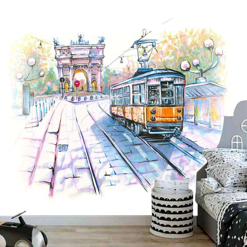 Фотообои в интерьере трамвай графика  12-497 фото