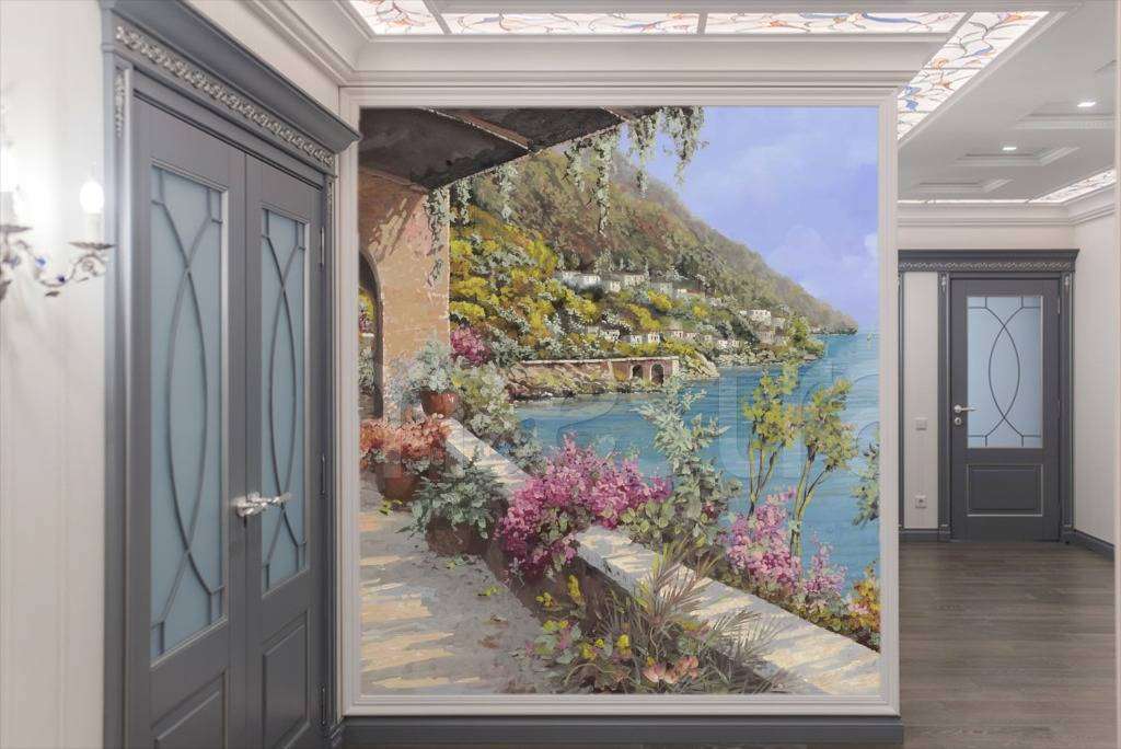 Фотообои в интерьере красивая набережная с видом на море и горы  8-074 фото