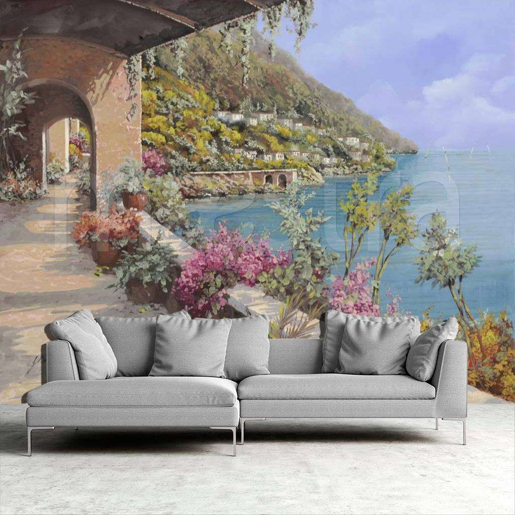 Фотообои в интерьере красивая набережная с видом на море и горы  8-074 фото