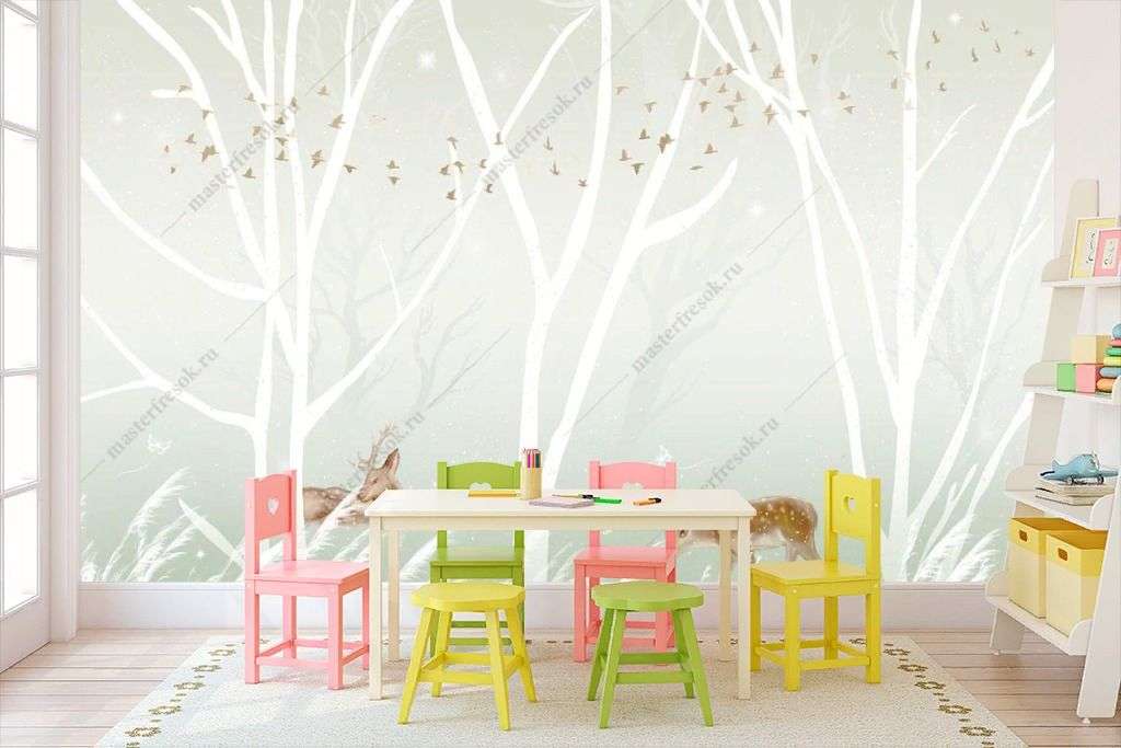 Фотообои в интерьере милые оленята в лесу  14-357 фото