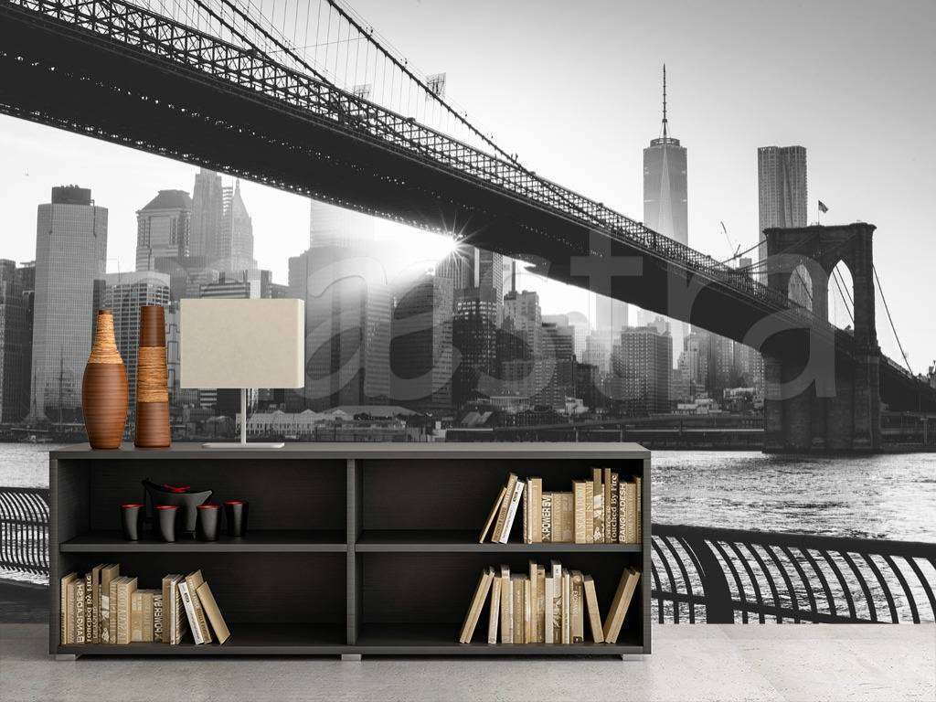 Фотообои в интерьере мост черно белый и лучи солнца в нью йорке  9-822 фото