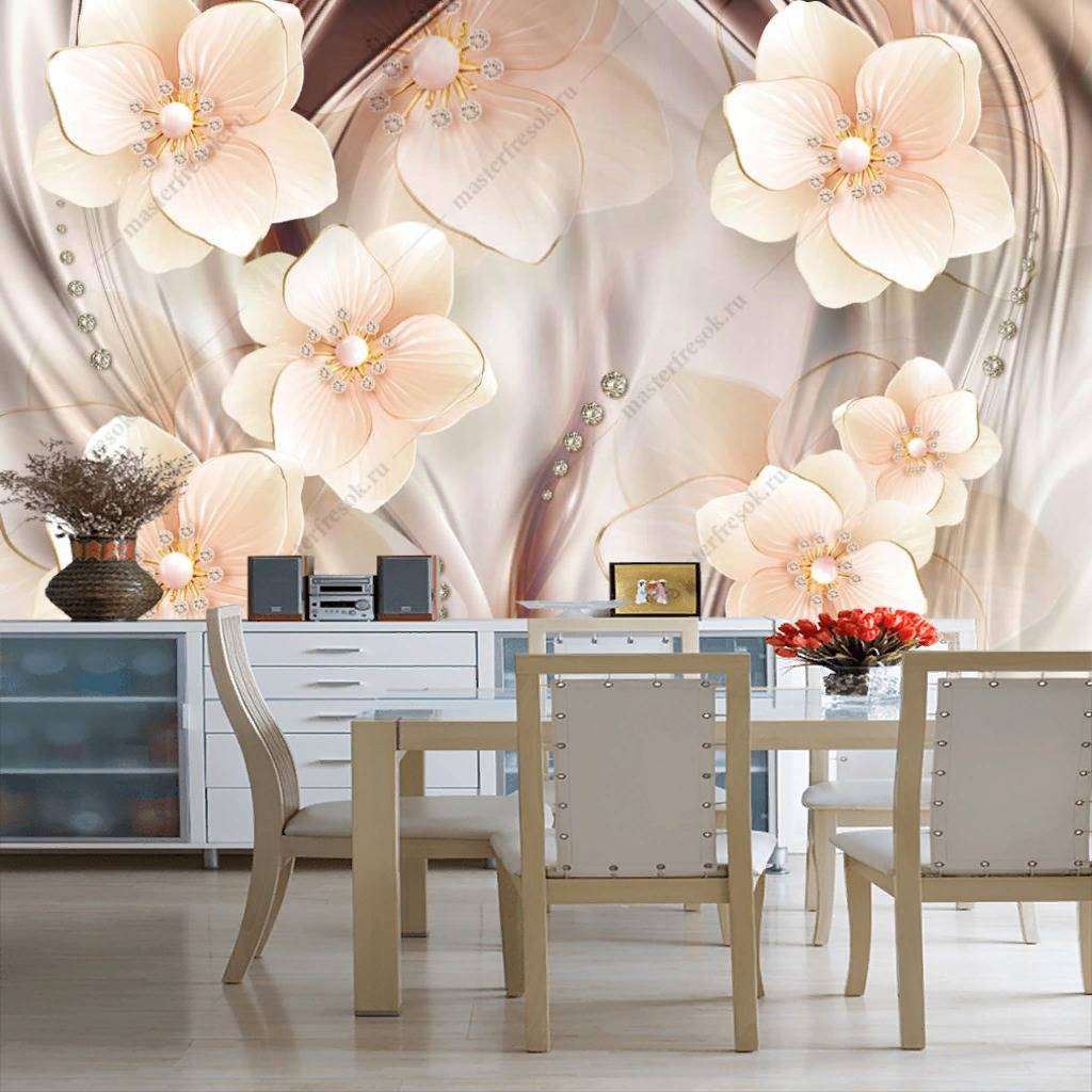 Фотообои в интерьере 3д объемные белые цветы  10-836 фото