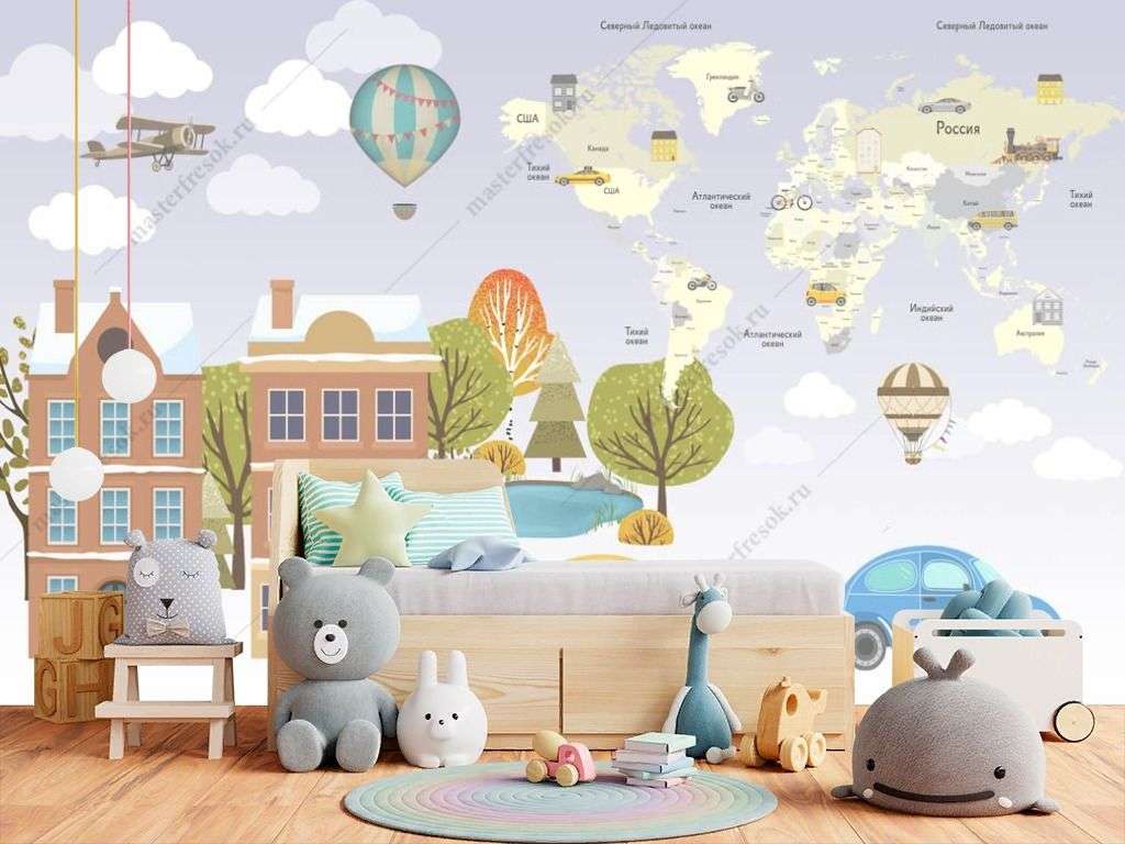 Фотообои в интерьере домики и карта мира  14-263 фото