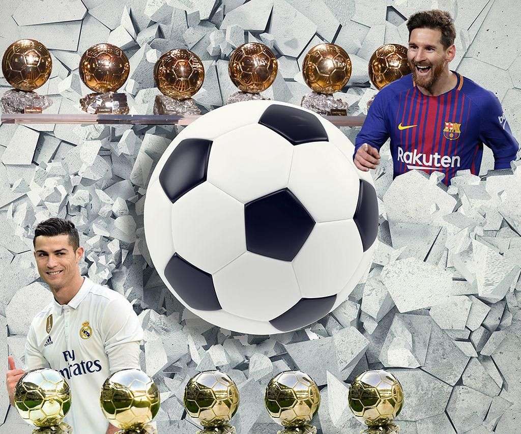 Фотообои в интерьере золотые мячи роналду и месси  12-1567 фото