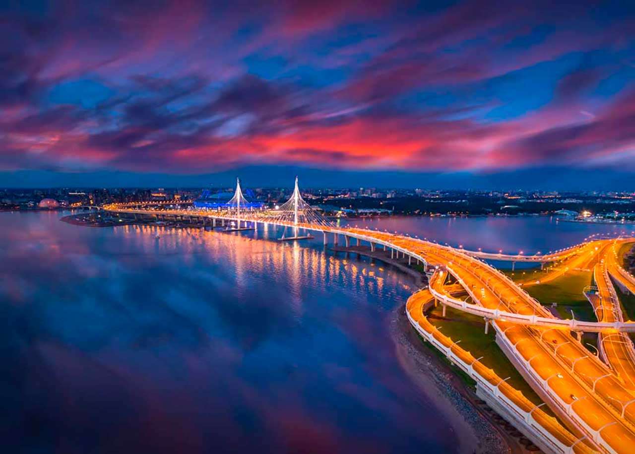 Фотообои в интерьере ночные огни на мосту в санкт петербурге  9-627 фото