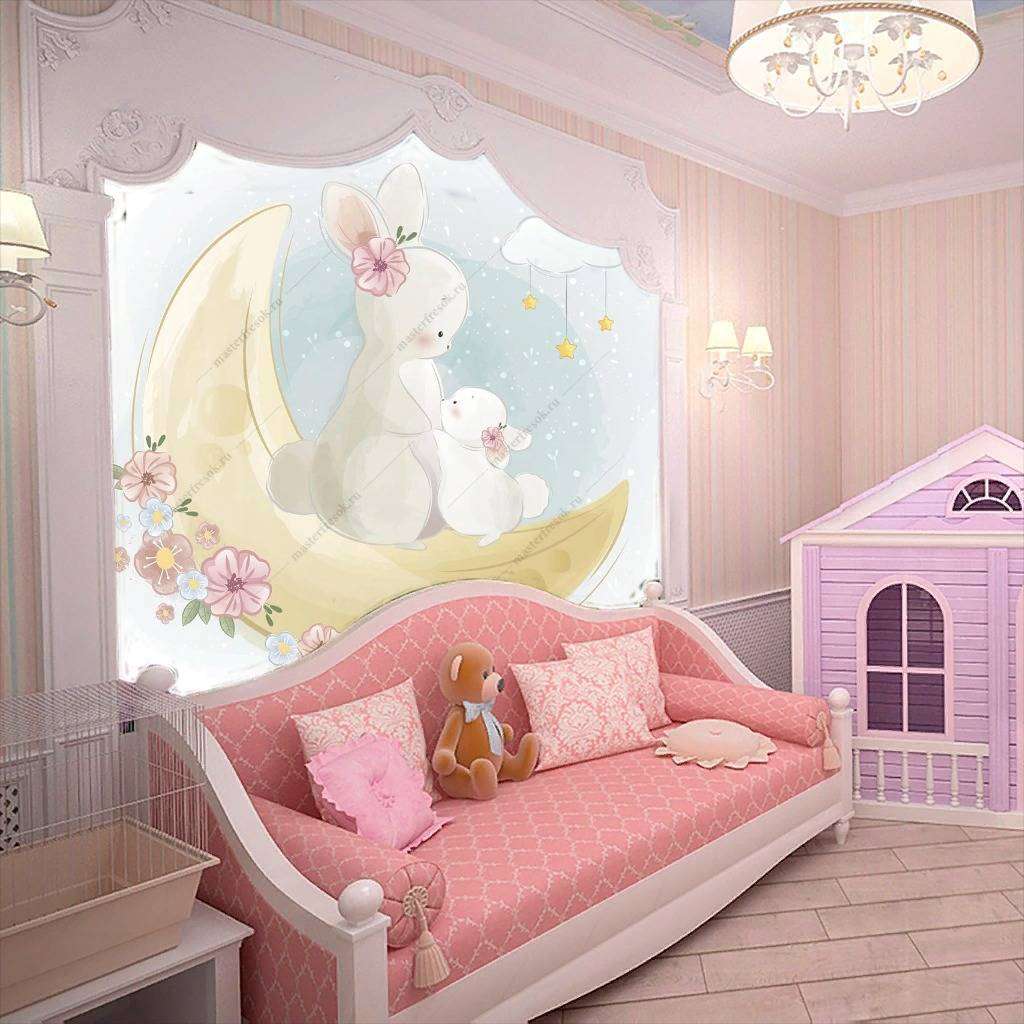 Фотообои в интерьере кролик с мамой на луне  12-456 фото