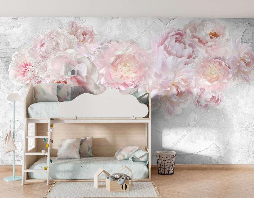 Фотообои в интерьере пионы на мраморном фоне  14-369 фото