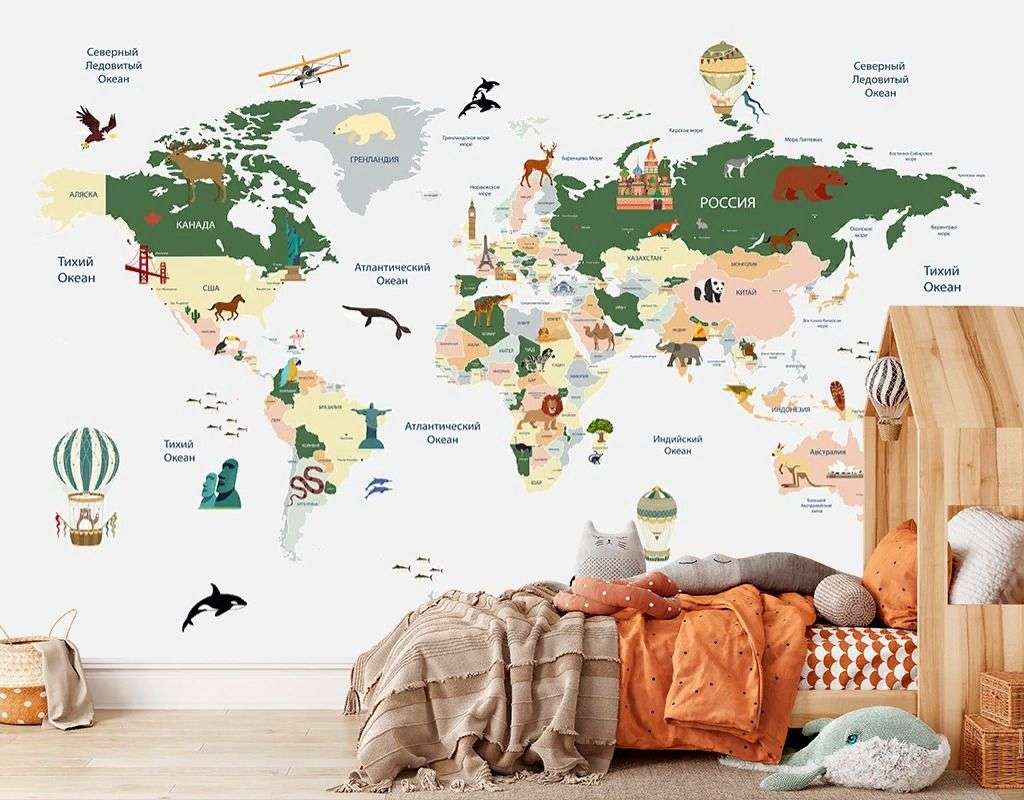 Фотообои в интерьере карта разноцветная  12-1657 фото