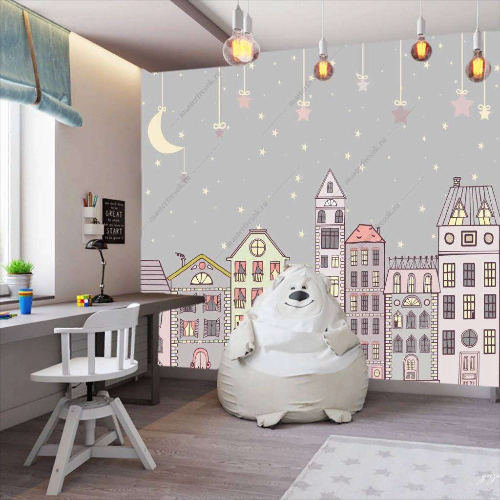 Фотообои в интерьере звездное небо над городком  14-156 фото