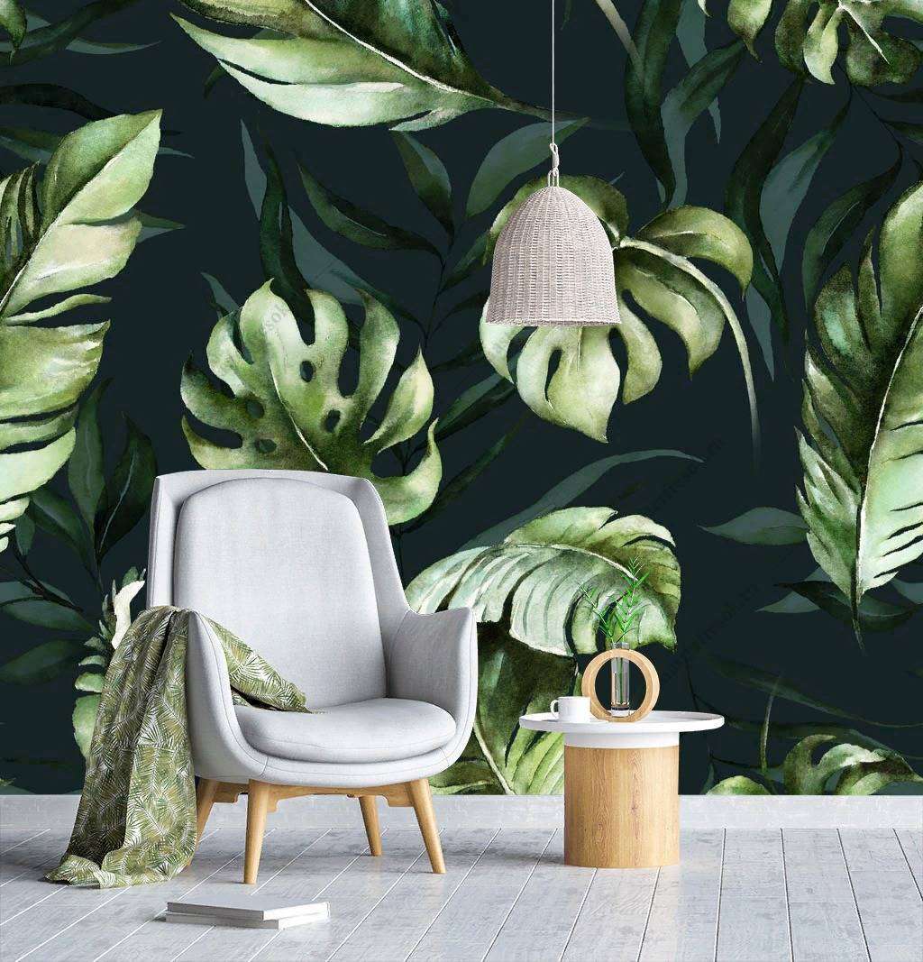 Фотообои в интерьере листья монстеры на черном фоне  9-1211 фото