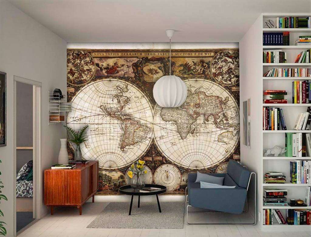 Фотообои в интерьере старинная карта двух полушарий  9-424 фото