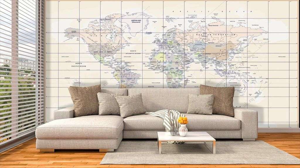 Фотообои в интерьере карта мира в клетку  14-590 фото