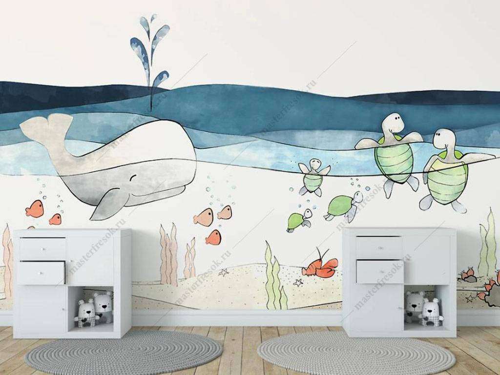 Фотообои в интерьере кит и черепашки  16-037 фото
