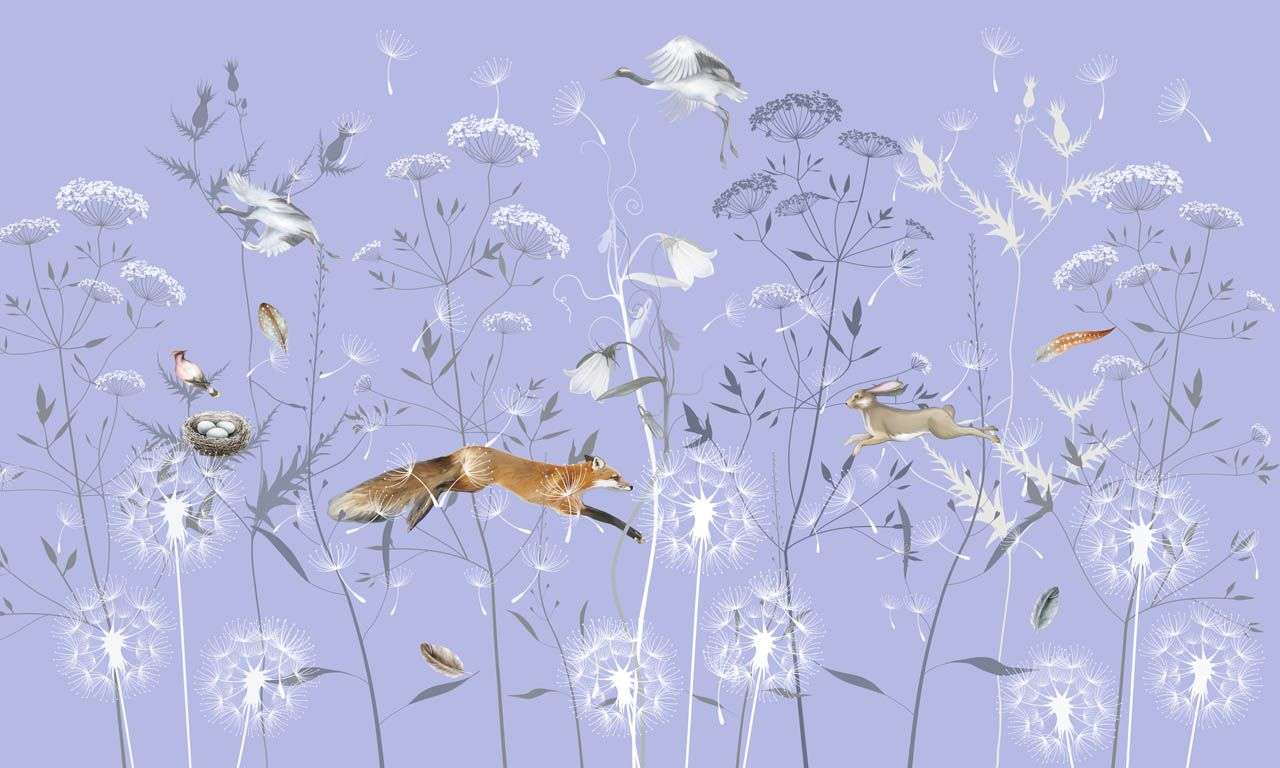 Фотообои в интерьере лисичка и полевые цветы  13-696 фото