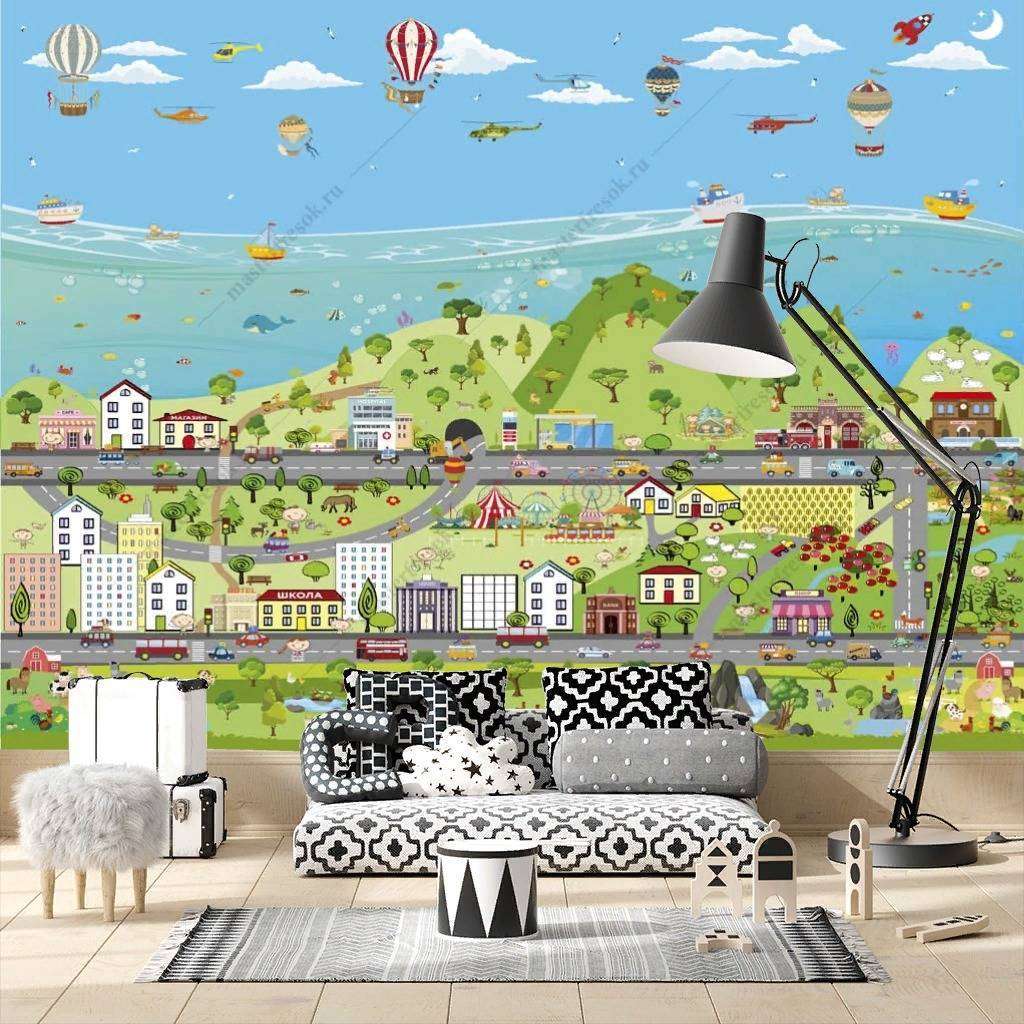 Фотообои в интерьере яркий городок в детскую  12-1199 фото