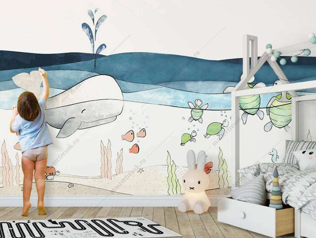 Фотообои в интерьере кит и черепашки  16-037 фото