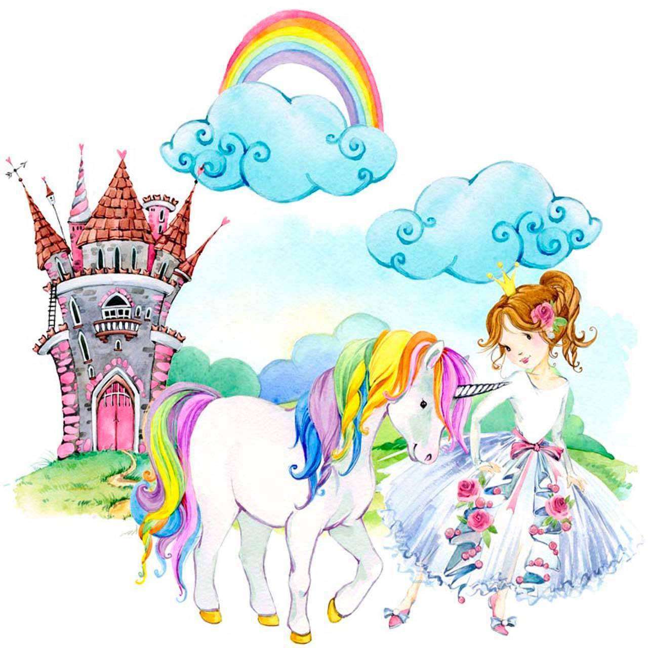 Фотообои в интерьере девочка гуляет по замку с единорогом  12-349 фото