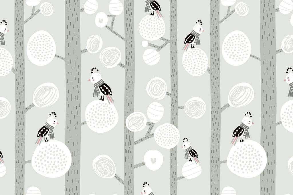 Фотообои в интерьере лес серый с птичками  12-713 фото