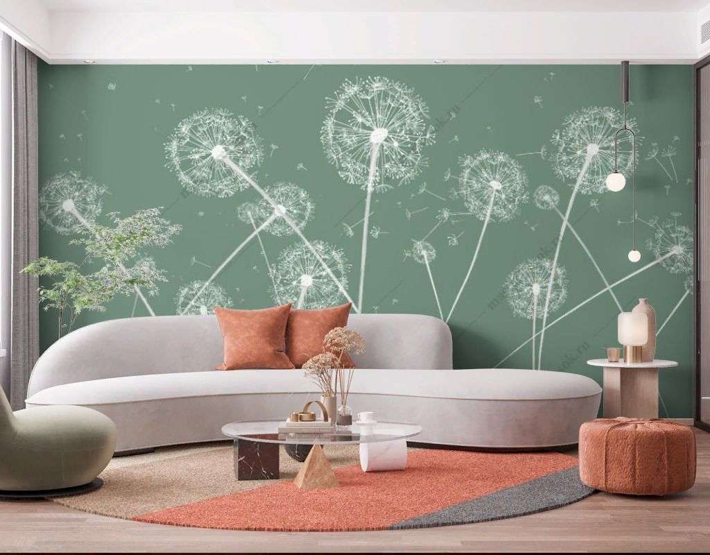 Фотообои в интерьере одуванчики на зелёном фоне  14-526 фото