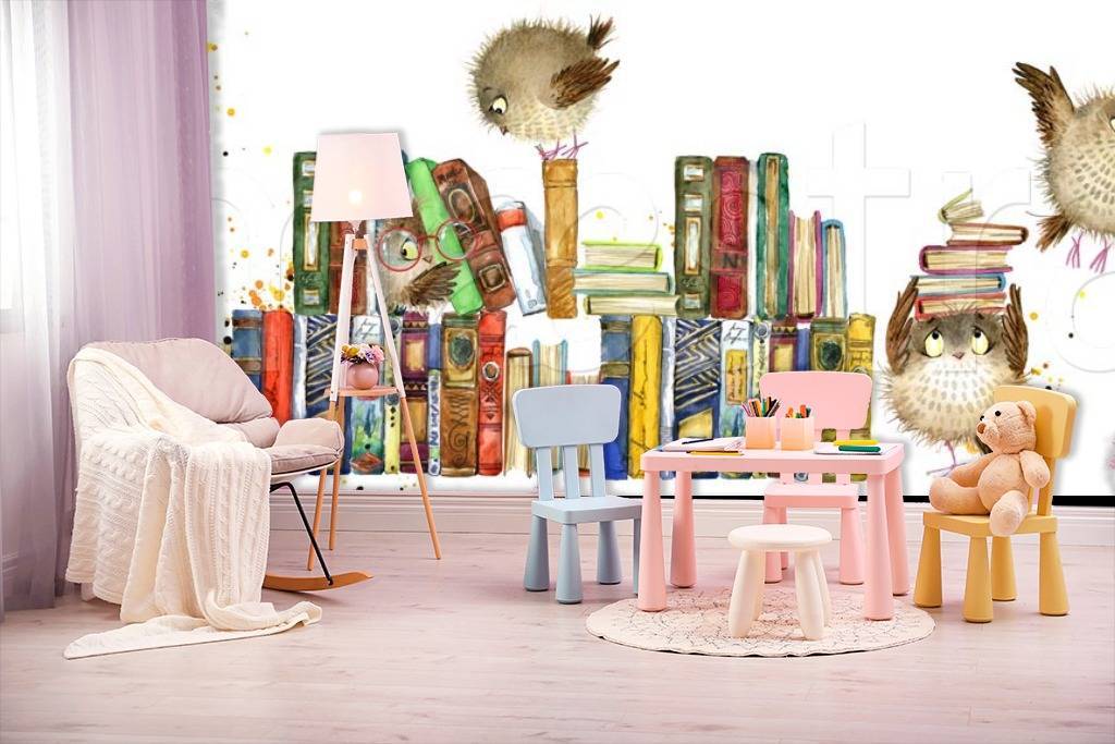 Фотообои Птицы сидят на книгах на белом фоне  12-363