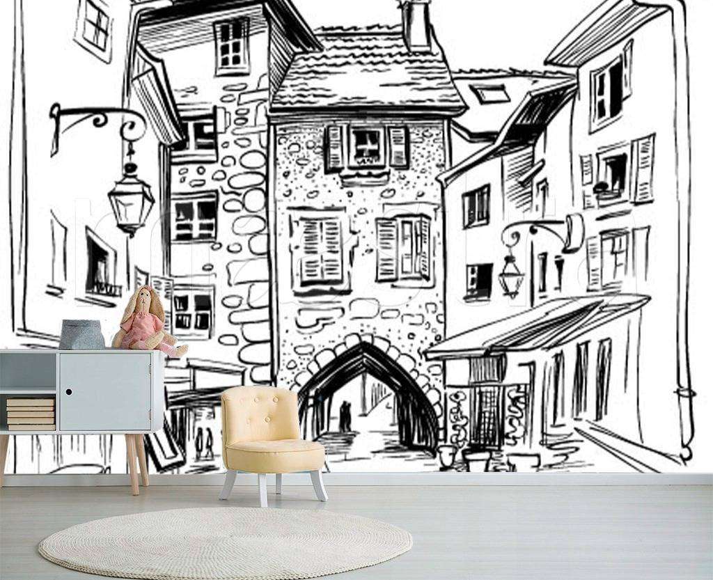 Фотообои в интерьере домики рисунок графика  12-500 фото