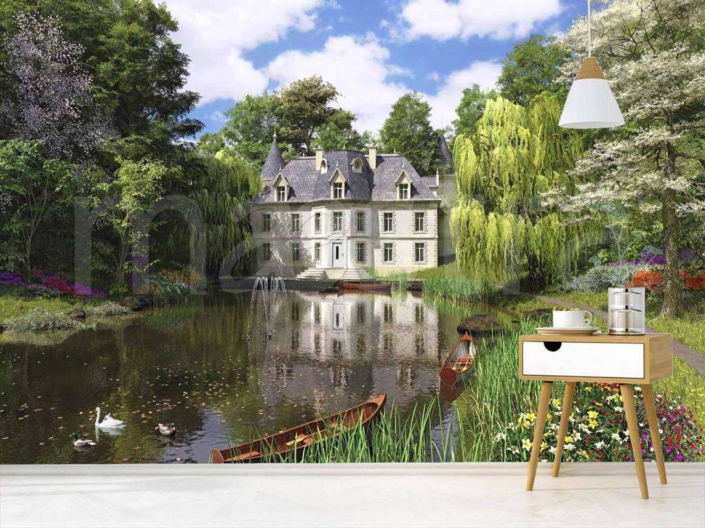 Фотообои в интерьере дом в лесу с озером  8-136 фото