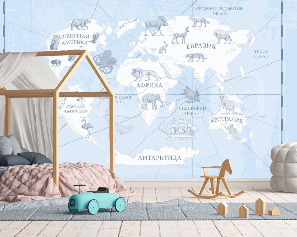 Фотообои Карта мира на русском с животными  12-504