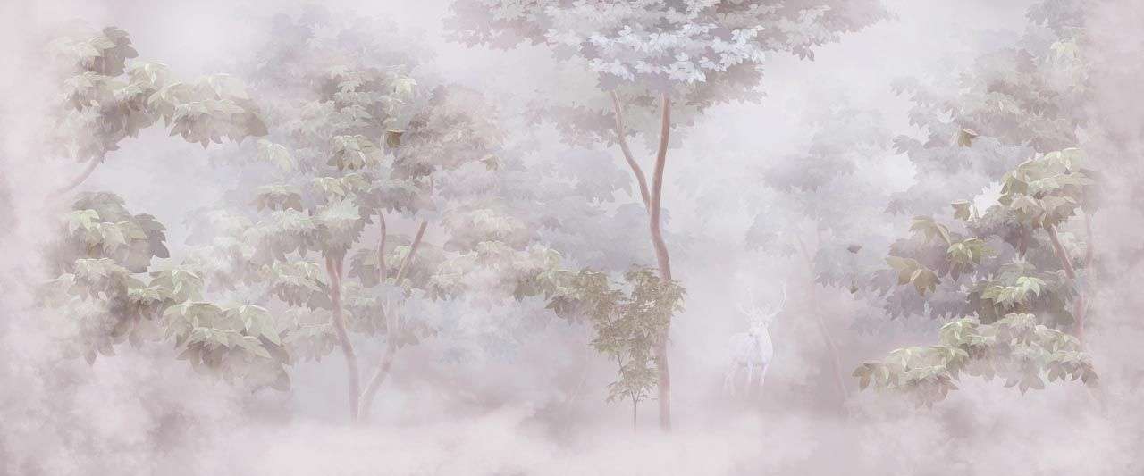 Фотообои в интерьере лес туманным утром  13-473 фото