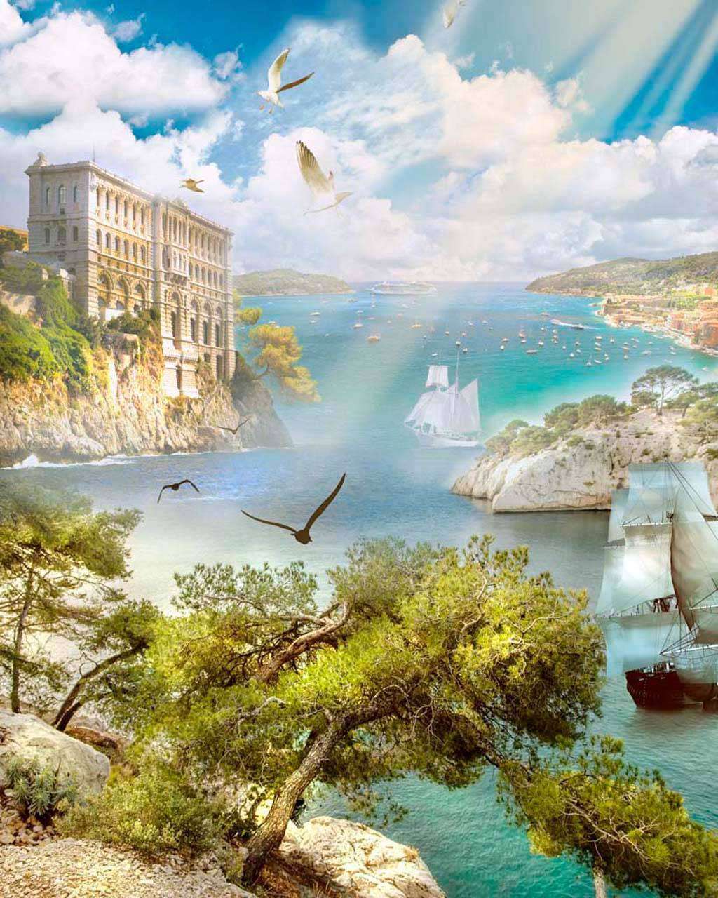 Фотообои в интерьере вид на залив с высоты птичьего полета  5-088 фото