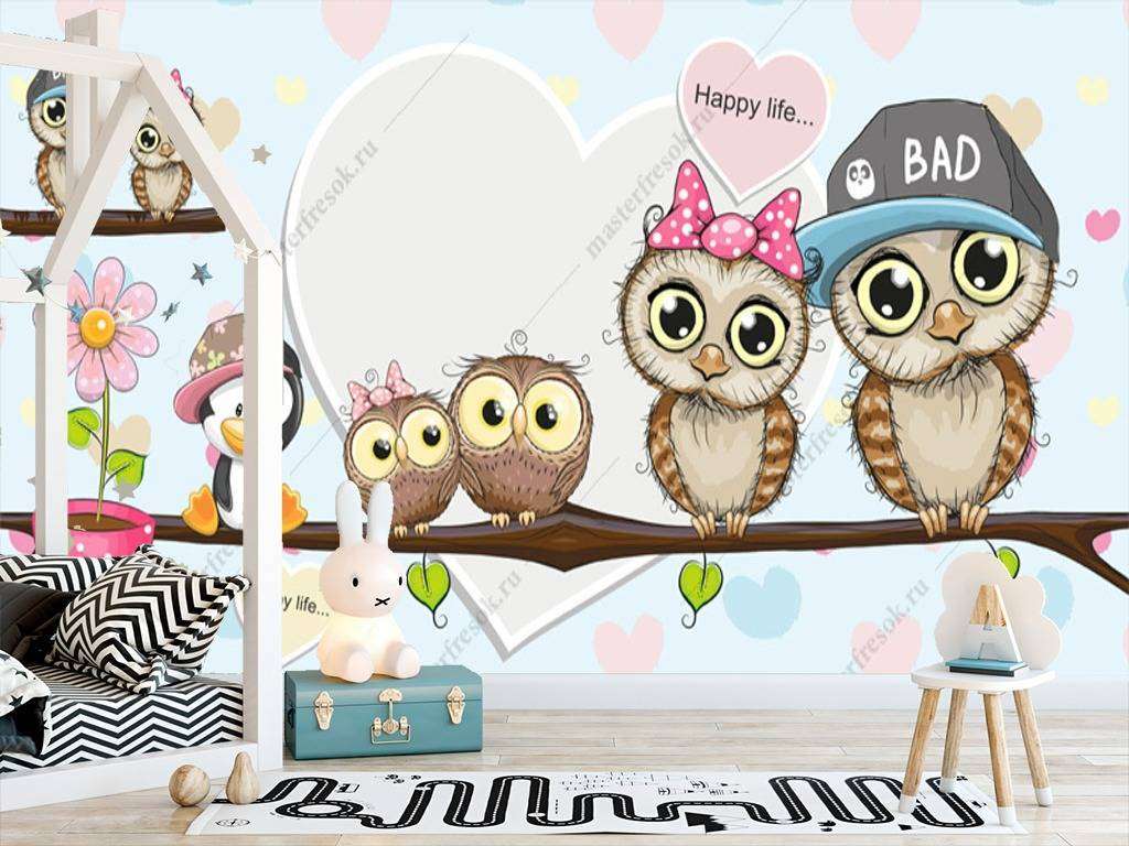 Фотообои в интерьере семейство сов  12-930 фото